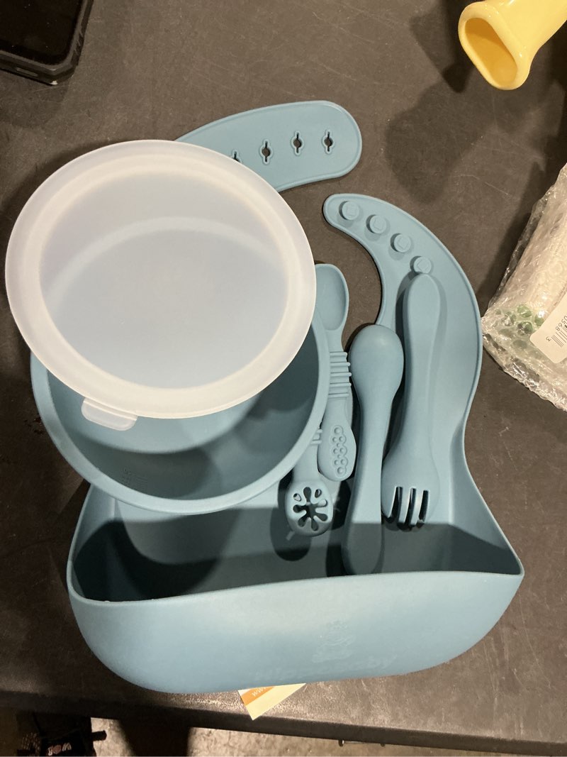Condition photo showing New/Like New for 6 Piece Baby Bowls With Suction and Lids | Toddler Bowl Set with 1 Bowl, 1 Bib, 2 Baby Spoons, 1 Large Spoon, 1 Large Fork, Baby Feeding Essentials (1, Light Blue) 1 Light Blue
