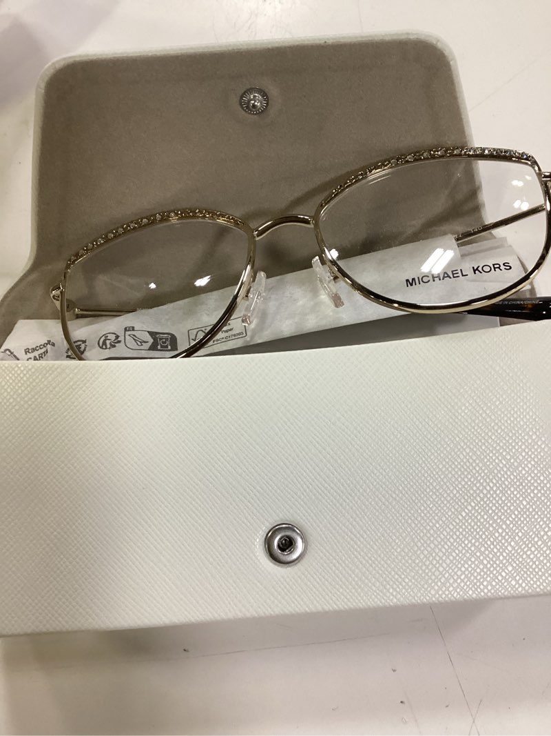 Condition photo showing New/Like New for michael kors mk3072 napier prescription eyewear frames, light gold/crystal insert/demo lens, 54 mm