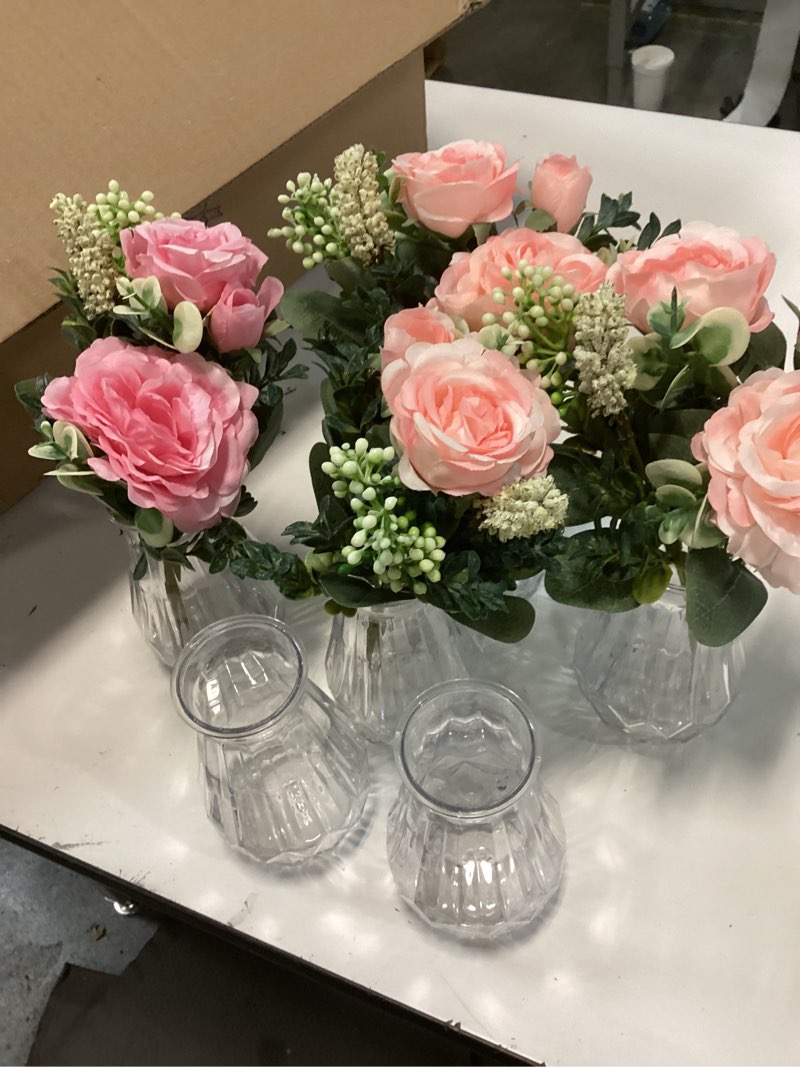 Condition photo showing Good Condition for Janinka 37 Pack Fake Flowers with Vase Bulk 24 Bundles Artificial Peony Bouquet 12 Plastic Clear Vase with 1 Pcs Rope for Home Office Farmhouse Centerpiece Table Decor (Pink, Rose Red) Pink, Rose Red Peony