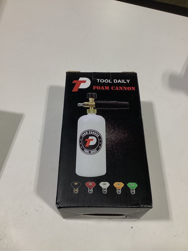 Condition photo showing As Is for tool daily foam cannon with 1/4 inch quick connector, 1 liter, 5 pressure washer nozzle tips