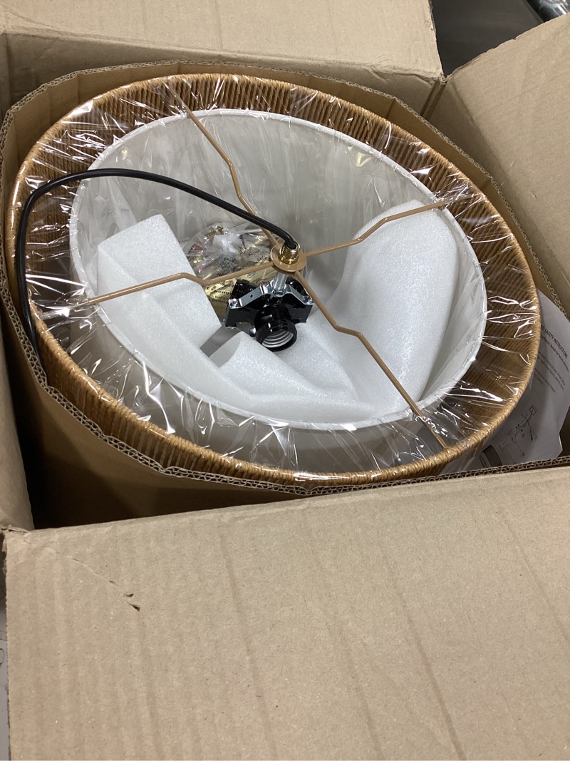 Condition photo showing Good Condition for 16'' Semi Flush Mount Ceiling Light Fixture, Boho Light Fixtures with 2-Tier Drum White Fabric Shade, 3-Light Farmhouse Rattan Drum Light Fixture for Bedroom, Living Room, Kitchen Brown+White Dia.16inch
