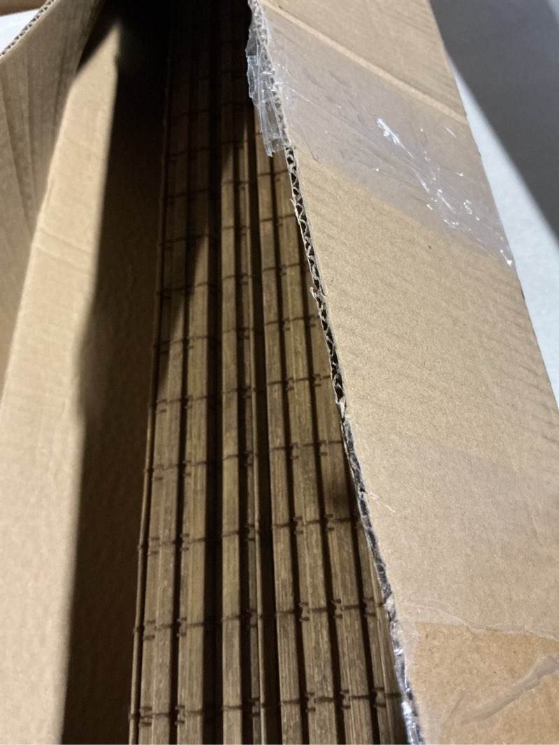 Condition photo showing As Is for lazblinds cordless bamboo roman shades, privacy blinds for interior windows, room darkening roll up bamboo blinds for home & patio, 35.5" w x 64" h, highfield teak pricacy - highfield teak 35 1/2" w x 64" h