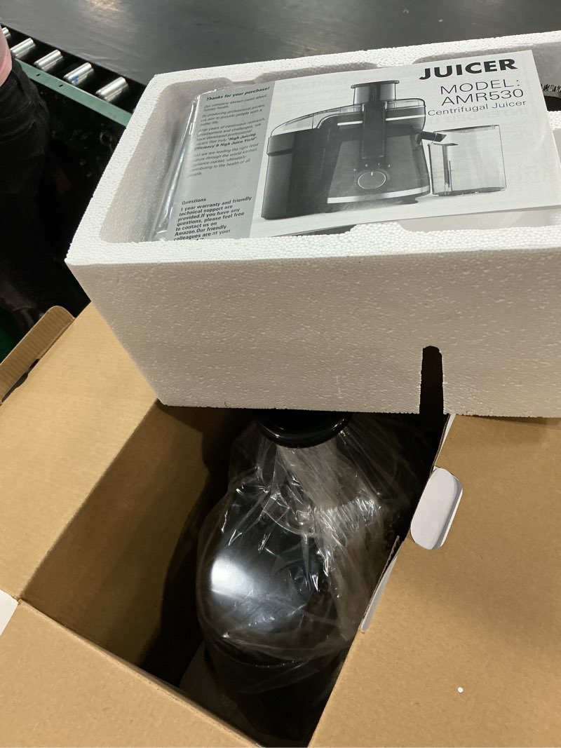 Condition photo showing As Is for juicer machine, 500w centrifugal juicer extractor with 3 speed & wide mouth 3” feed chute for fruit vegetable, high yield juicer included cleaning brush for easy to clean black
