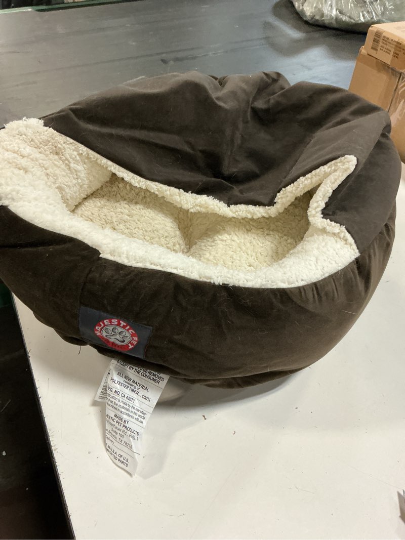 Condition photo showing As Is for 18 inch chocolate suede canopy cat bed
