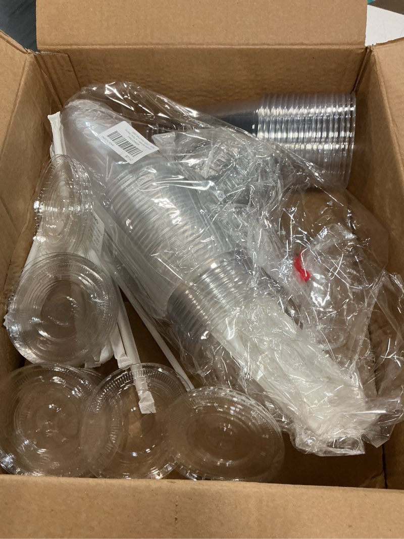 Condition photo showing As Is for vitever [100 sets - 24oz] plastic cups with lids and straws, disposable cups for iced coffee, smoothie, milkshake, cold drinks - clear 24 oz