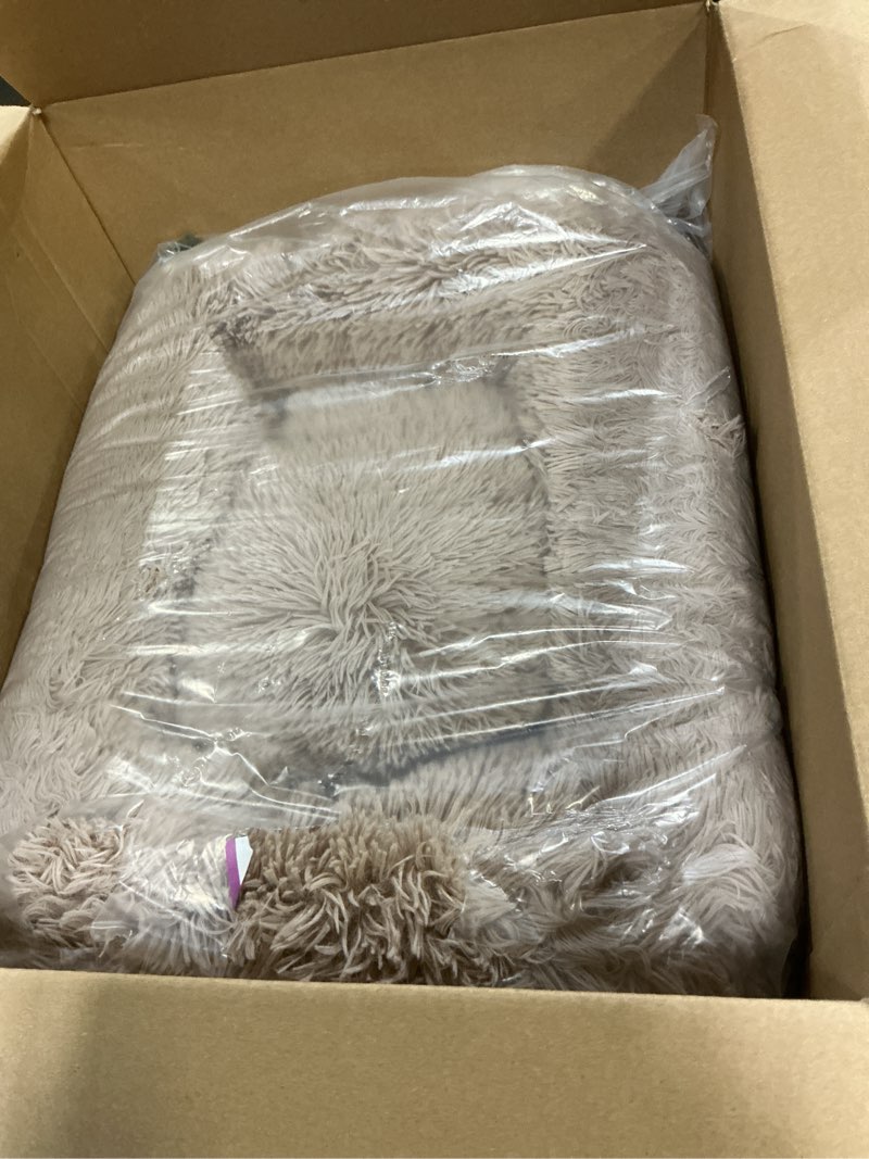 Condition photo showing Good Condition for Bedsure Calming Dog Bed for Small Medium Dogs - Donut Washable Medium Puppy Bed, 27 inches Anti-Slip Round Fluffy Plush Faux Fur Pet Bed, Camel 27"L x 27"W x 8"Th Camel