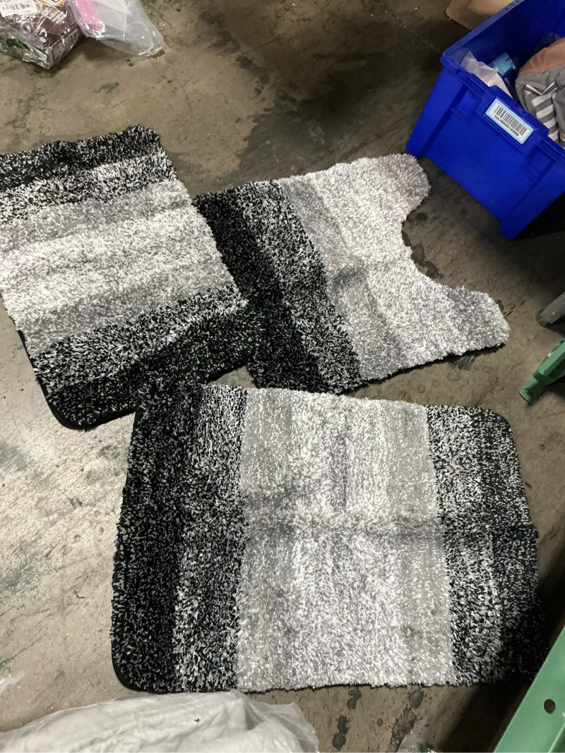Condition photo showing As Is for olanly bathroom rug set 3 piece, soft absorbent microfiber bath mats and u-shaped contour toilet rug, non-slip, machine wash dry, plush shaggy bath mats for bathroom (24"x16"+24"x20", black)