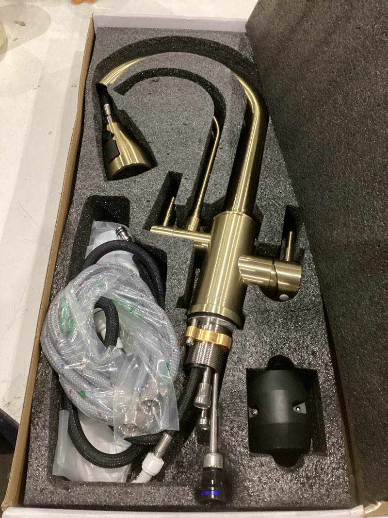 Condition photo showing Good Condition for APPASO Kitchen Faucet with Water Filter (Without Water Filtration Device), 2 Handle 3 Way Gold Kitchen Sink Faucet, High Arch 3 Hole Kitchen Faucet with Pull Down Sprayer - 3 in 1 Faucet Gold With Drinking Water