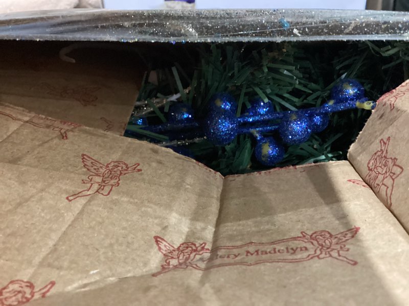 Condition photo showing Good Condition for Valery Madelyn 24'' Pre-Lit Christmas Wreath for Front Door with Lights, Lighted Christmas Door Wreath with Peacock Feathers & Balls for Home Porch Fireplace Window Holiday Wall Decor 24 Inch