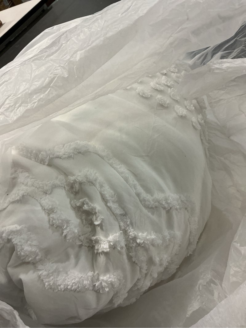 Condition photo showing As Is for luxudecor boho tufted comforter set queen size 3 pieces ivory white shabby chic comforter farmhouse embroidery bedding set soft comforter for all seasons (ivory white, 90''x90'') queen ivory white