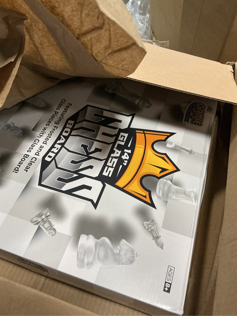 Condition photo showing New/Like New for Gamie Premium Glass Chess Set, 14 Inch - Elegant Design - Durable Build - 32 Frosted and Clear Pieces - Felted Bottoms - Easy to Carry - Stable & Fully Functional for Chess Lovers