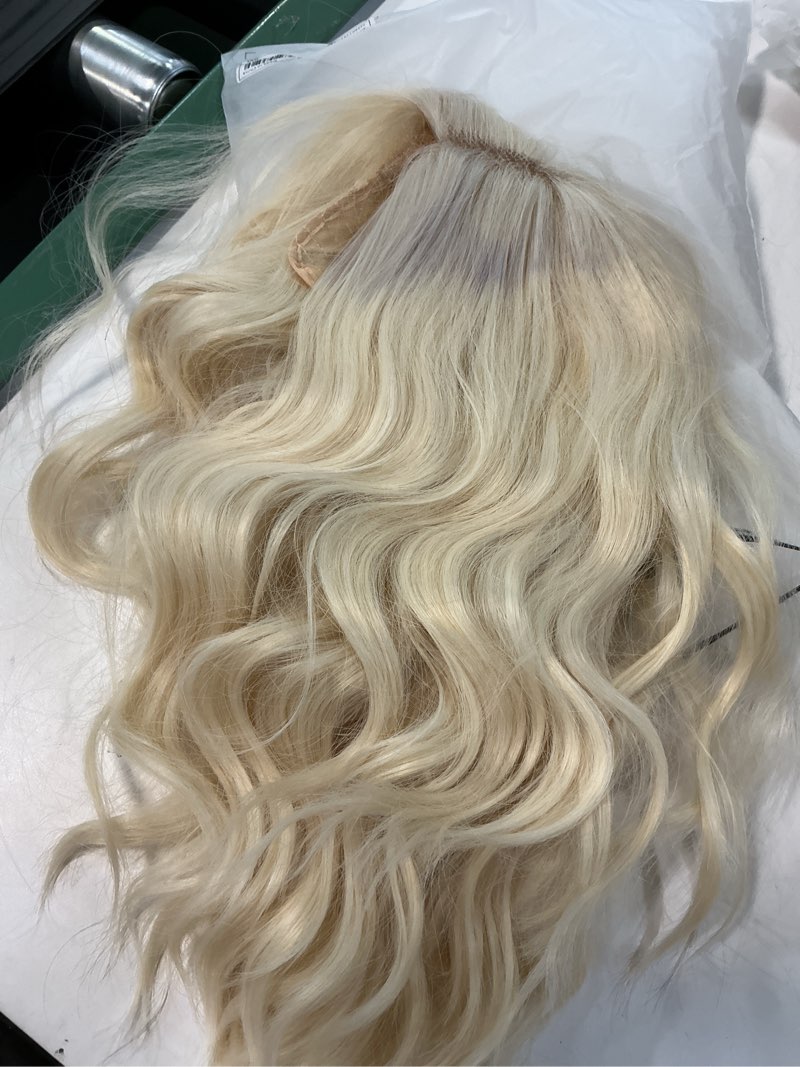 Condition photo showing As Is for aisi hair 14 inch platinum wigs for women - shoulder length wave wig with pre-cut lace hairline, middle part natural wavy bob synthetic heat resistant fiber for daily and party platinum 14 inch