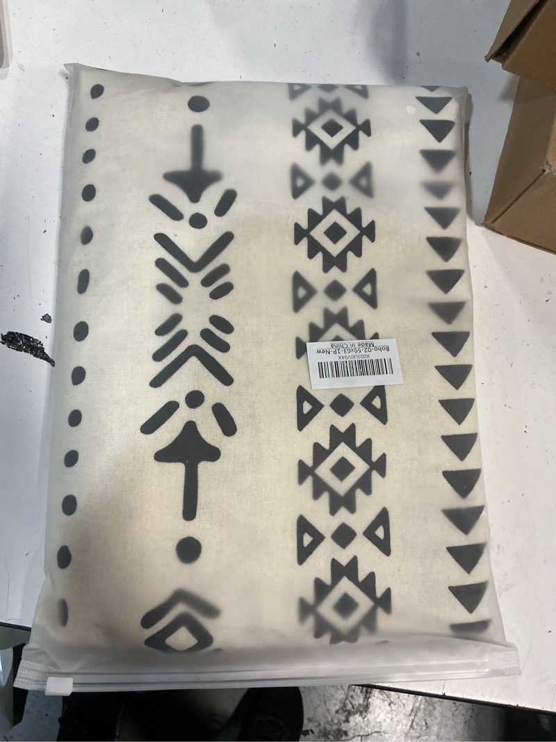Condition photo showing New/Like New for coral fish boho curtains with black geometric pattern bohemian window curtains with tassels fringe for kitchen bathroom light-filtering privacy cotton drapes, rod pocket, 59''w x 63''l, 1 panel 59"w x 63"l (pack of 1) black pattern