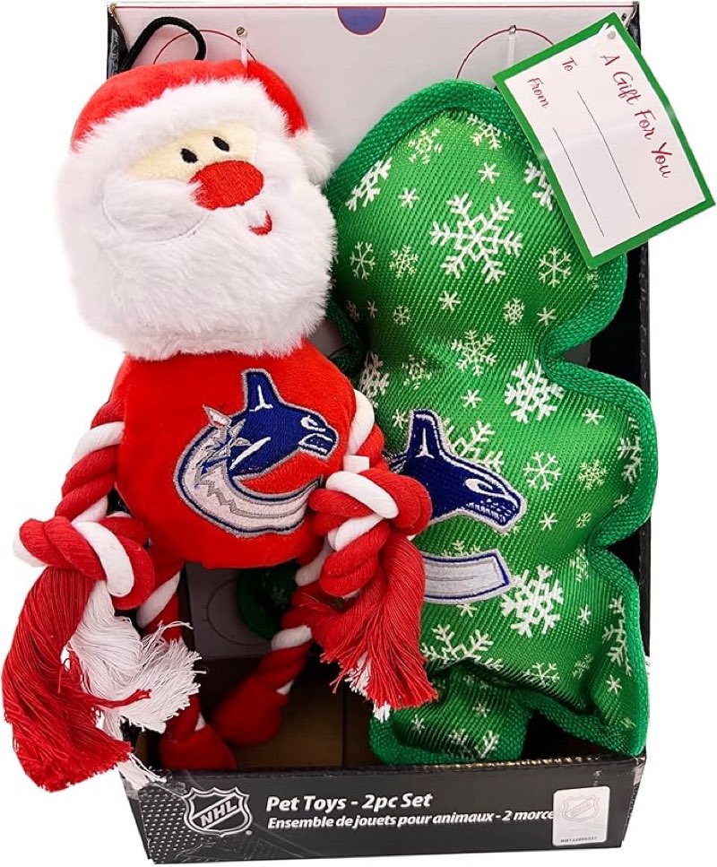 Pets First NHL Vancouver Canucks Santa Rope Toy and Stuffed Christmas Tree Toy Boxset, Set of 2 Dog Toys, Holiday Toys for Dogs with NHL Team Logo