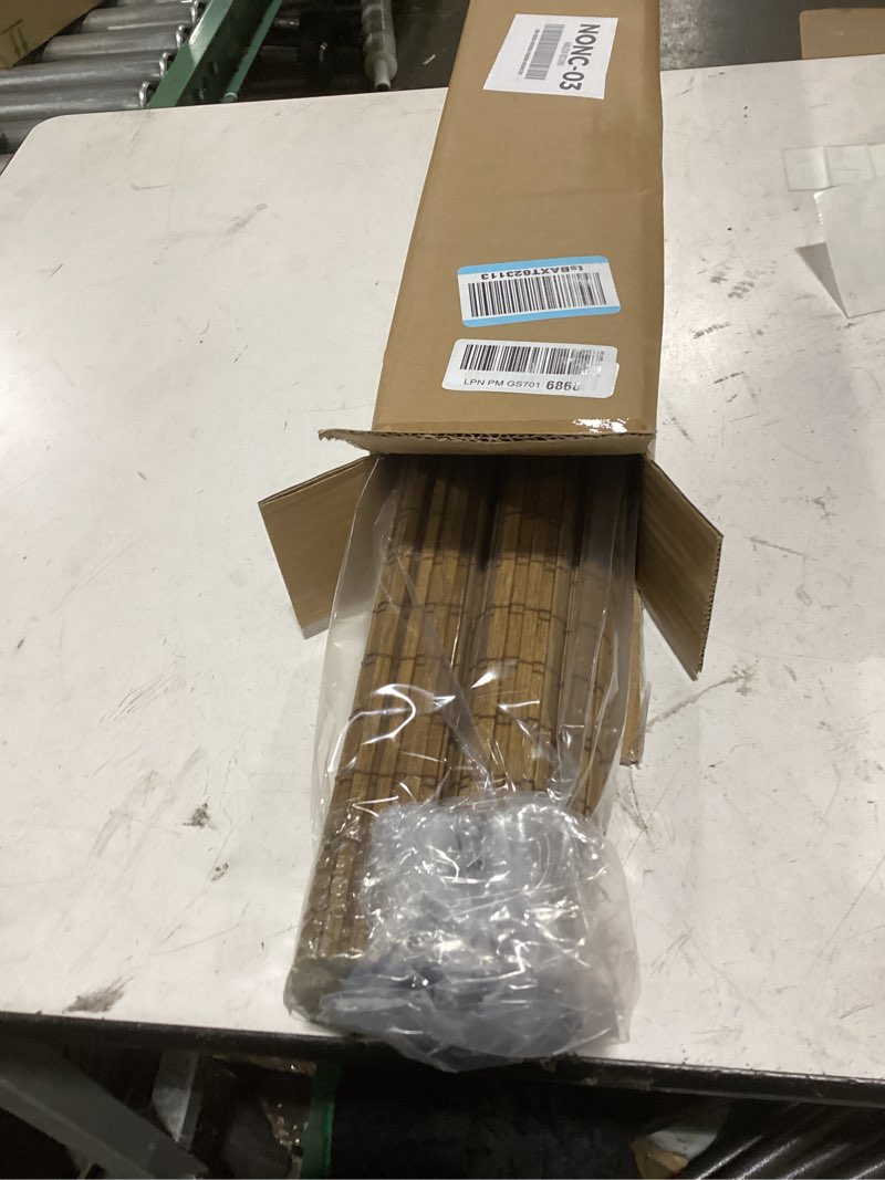 Condition photo showing Good Condition for lazblinds cordless bamboo roman shades, privacy blinds for interior windows, room darkening roll up bamboo blinds for home & patio, 26.5" w x 48" h, highfield teak pricacy - highfield teak 26.5" w x 48" h