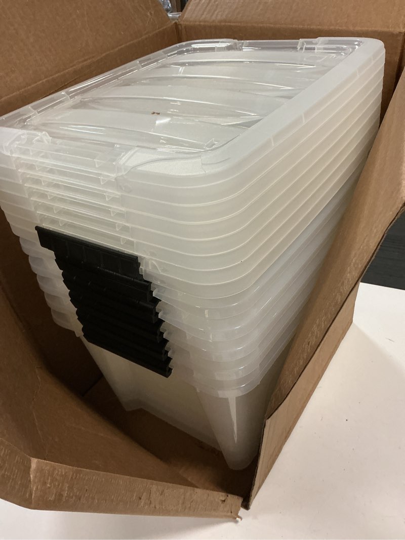 Condition photo showing Good Condition for IRIS USA 19 QT Plastic Storage Box with Lid and Latches - 6 Pack - BPA-Free, See-Through Organizing Solution, Durable Nestable Stackable Containers, Secure Pull Handle - Clear Clear 19 Qt 6 Pack