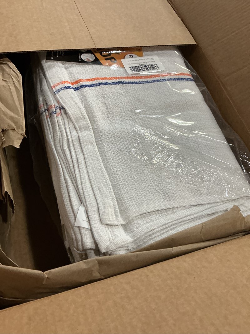 Condition photo showing New/Like New for avalon towels terry bar mop towels (value pack of 60) size 16"x19" – absorbent and durable, multipurpose cleaning rags, cotton cleaning cloths, terry cloth rags, reusable shop rag orange blue stripe pack of 60