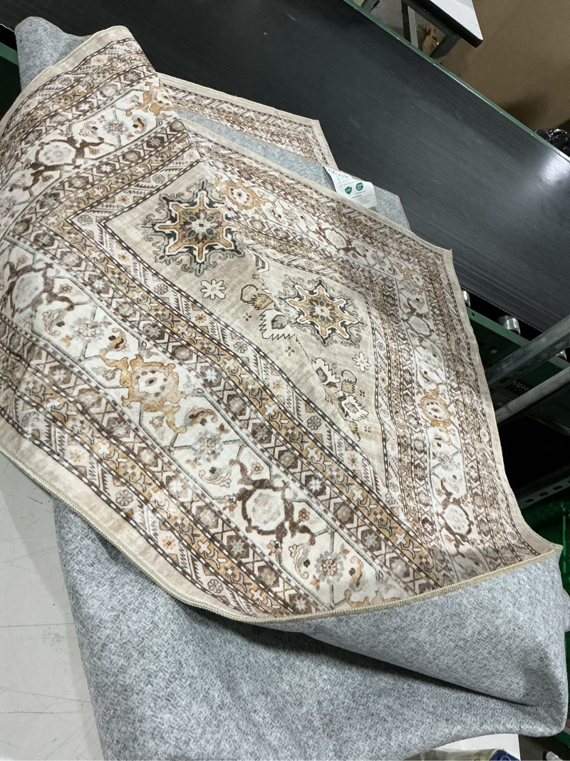 Condition photo showing As Is for washable living room rug: ultra thin 5 ft square oriental rugs with non-slip backing for farmhouse, low pile, thin, durable