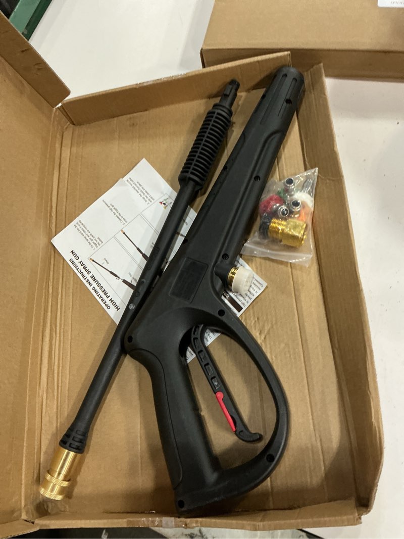 Condition photo showing Good Condition for pressure washer gun with extension wand & 5 spray nozzle tips, m22-14mm & m22-15mm fitting replacement for ryobi, karcher, powerstroke, greenworks, husky, raptor blast, electric power washer standard nozzle black
