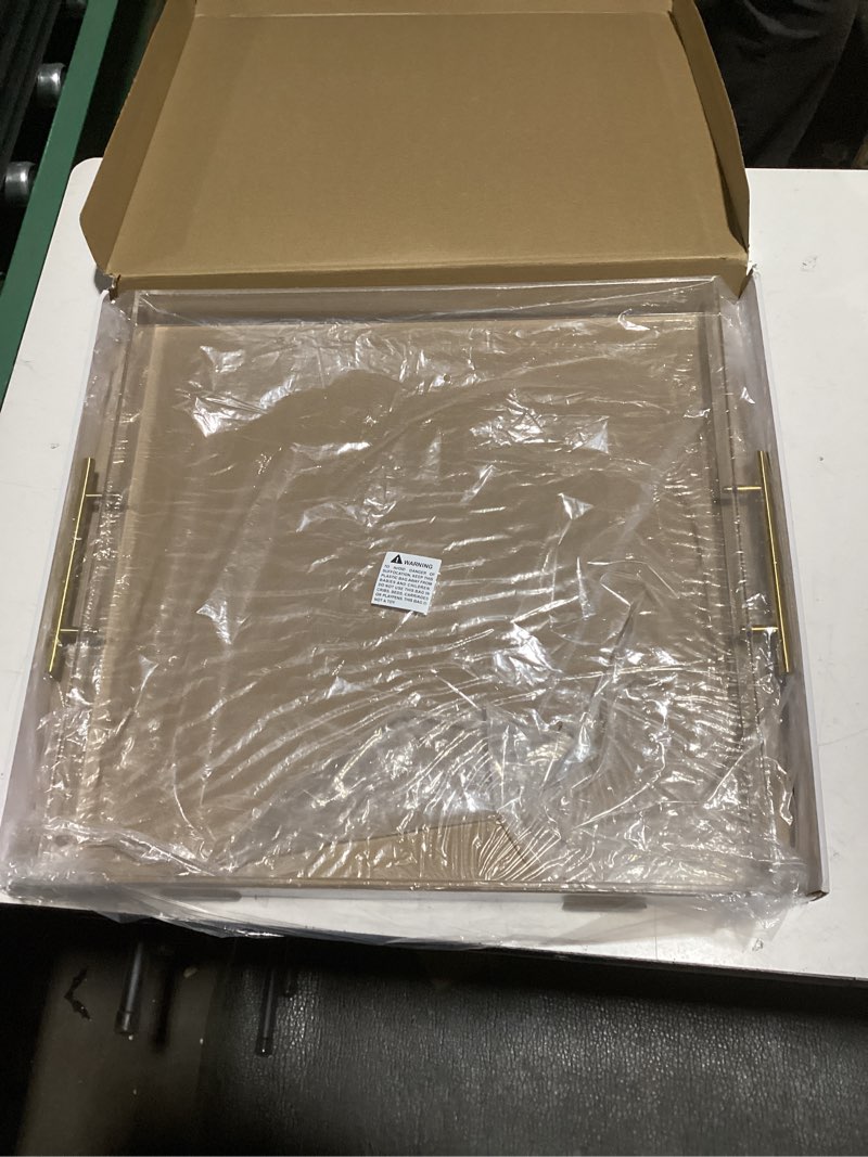 Condition photo showing Good Condition for Extra Large Clear Acrylic Serving Tray (21×21 Inches) with Gold Handles Spill Proof Acrylic Over Size Big Decorative Tray Organiser for Ottoman Coffee Table Countertop