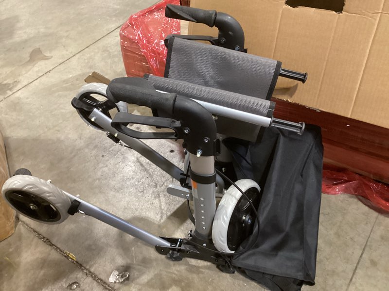 Condition photo showing As Is for healthsmart walker rollator with seat and backrest, adjustable handle height, fsa hsa eligible, removable storage bag and a durable lightweight frame that folds while supporting up to 300 pounds titanium