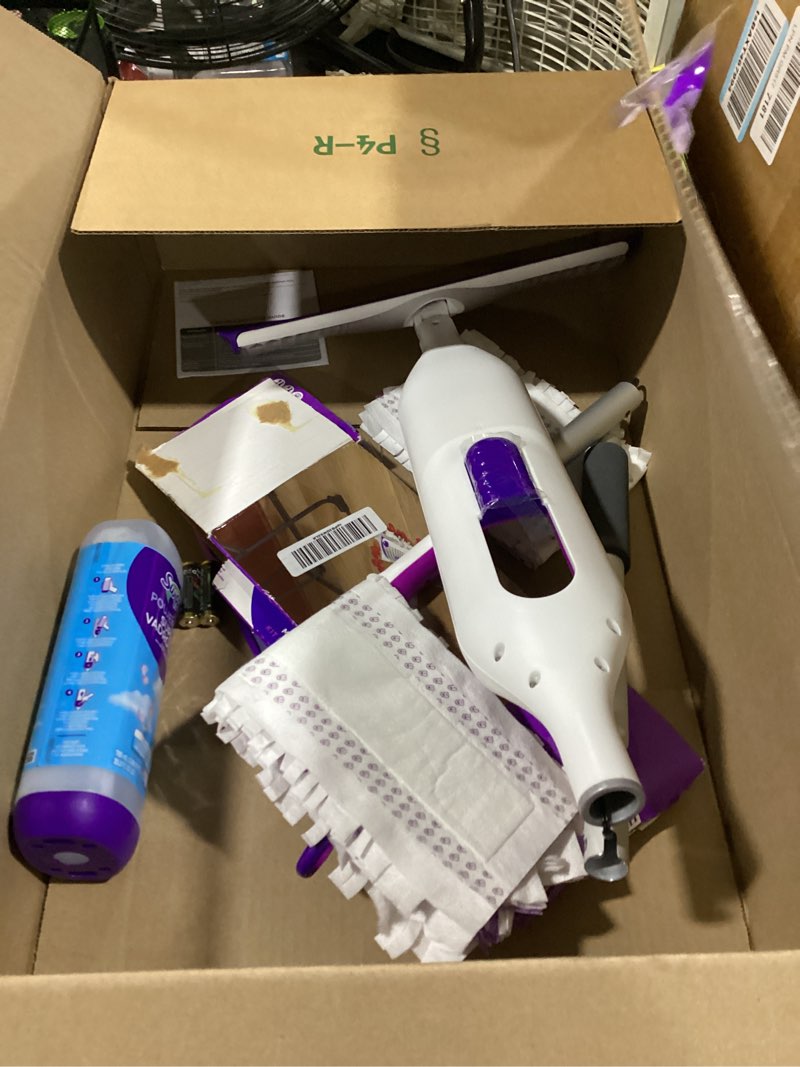 Condition photo showing As Is for swiffer powermop multi-surface mop kit for floor cleaning, fresh scent, mopping kit includes powermop, 2 mopping pad refills, 1 floor cleaning solution with fresh scent and 2 batteries purple and white
