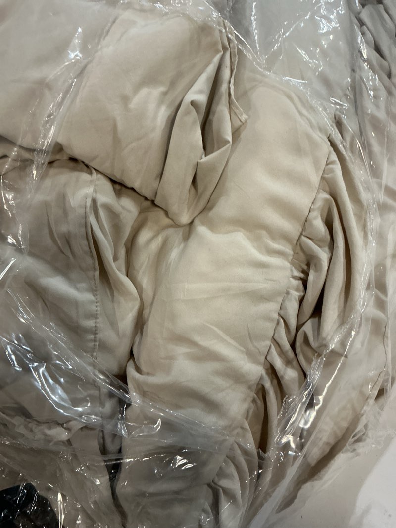 Condition photo showing As Is for andency beige full size comforter set, 3 pieces farmhouse shabby chic ruffle comforter, soft lightweight fluffy all season polyester bedding comforter set for kids, girls, women beige full(79"x90")
