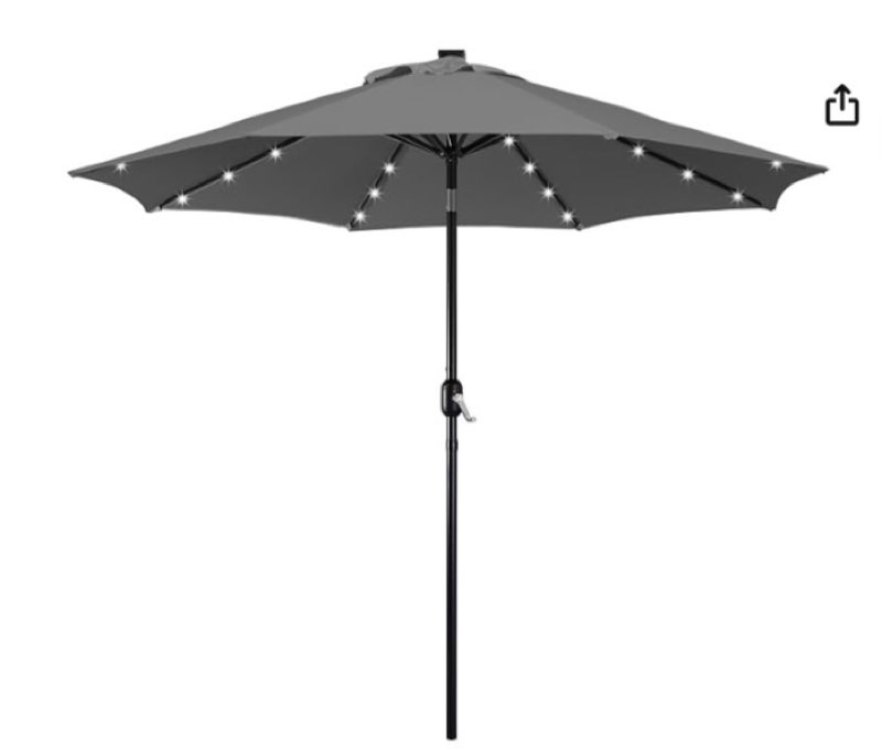  yaheetech 9ft solar powered patio umbrella - uv protection market table umbrella w/ 32 led lights & push button tilt & crank lift system for garden/lawn/deck/backyard/pool, gray