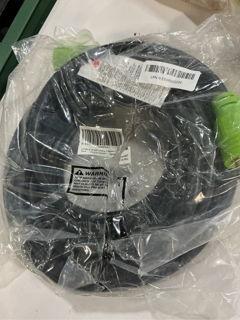 Condition photo showing New/Like New for 30 amp generator cord 40ft, l6-30 extension cable, l6-30p to l6-30r, heavy duty 10/3 gauge power cord, sjtw, 250v, 7500w, 10awg, 3 prong locking plug for welding, brewing and industrial, etl listed