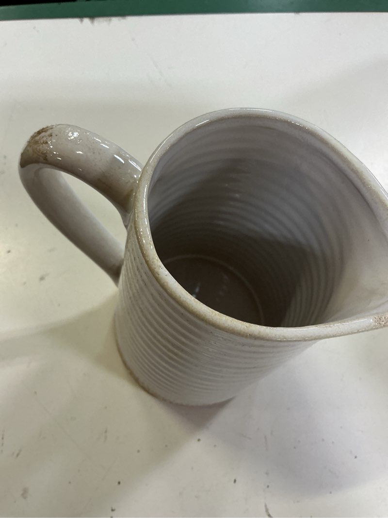 Condition photo showing Good Condition for quoowiit ceramic rustic vase with handle, white distressed decorative farmhouse pitcher vase for home decor living room bedroom kitchen office shelf decor centerpiece table decoration 7 inch white pitcher
