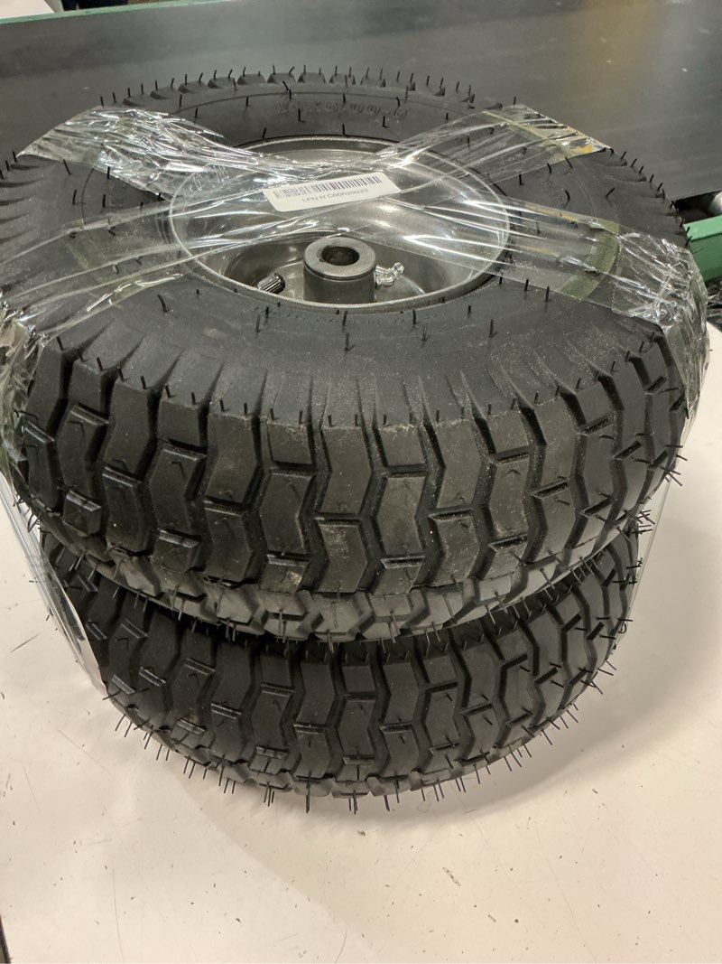 Condition photo showing Good Condition for ar-pro (2 pack) 15x6.00-6 front tire and wheel assembly, 15x6-6 lawn mower tire with 3" centered hub & 3/4" bushing, 4-ply pneumatic 15 x 6.00-6" pneumatic (centered hub) gray