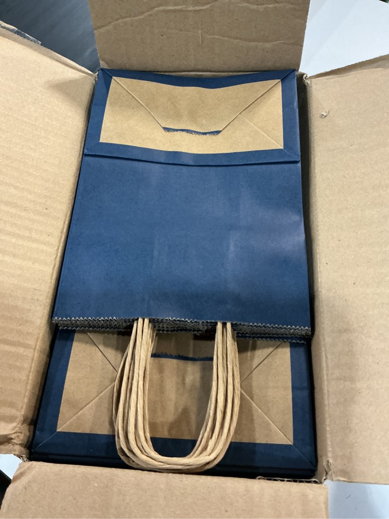 Condition photo showing Good Condition for joybe 100 pack 5.95x3.25x8 inch small navy blue paper bags with handles bulk, kraft paper gift bags for birthday party favors grocery retail shopping business goody merchandise craft blank sacks