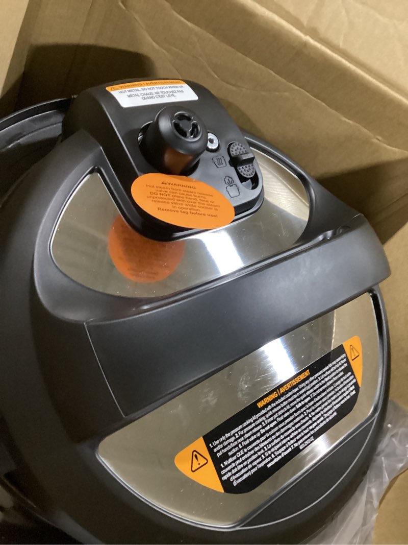 Condition photo showing As Is for instant pot duo plus 9-in-1 multicooker, pressure cooker, slow cook, rice maker, steamer, sauté, yogurt, warmer & sterilizer, includes app with over 800 recipes, stainless steel, 6 quarts