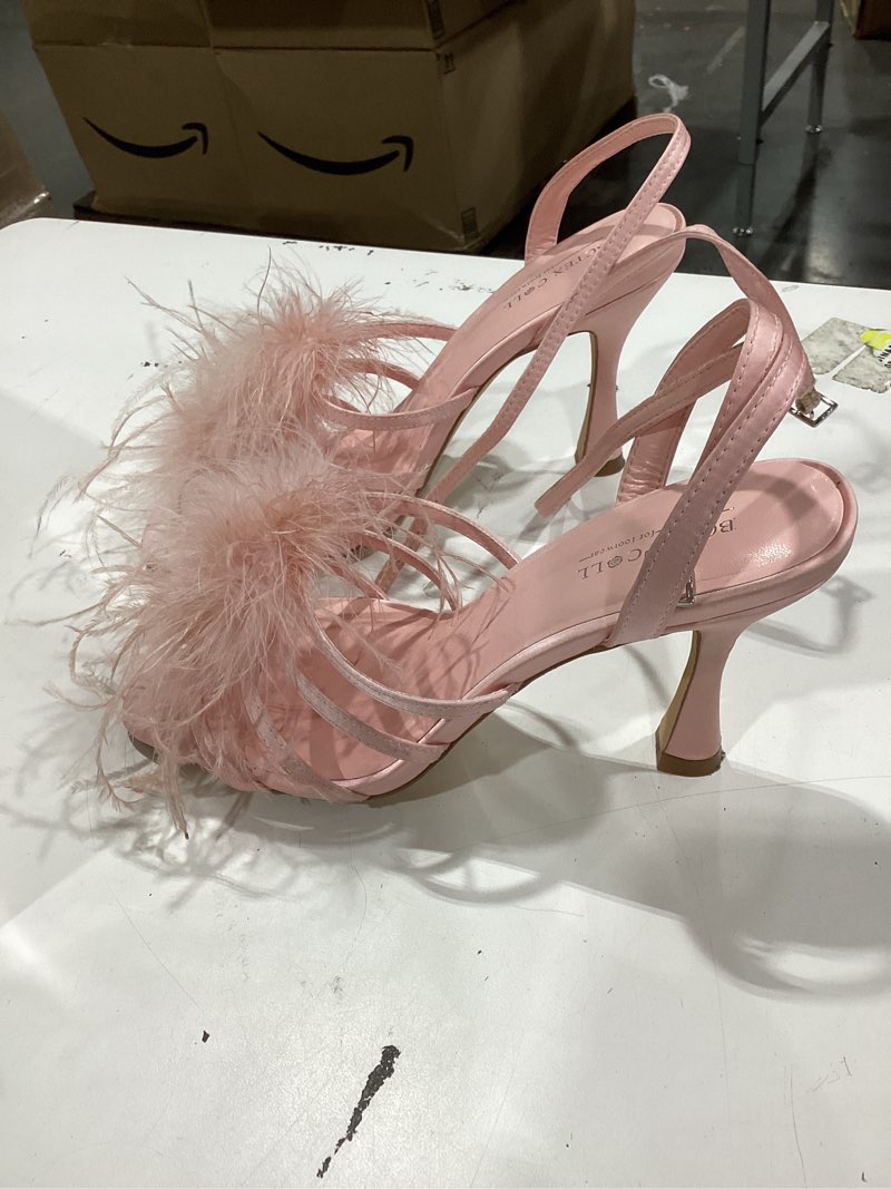Condition photo showing As Is for bctex coll women's heeled sandals fluffy feather square open toe ankle strap sexy stiletto high heels for wedding party dance evening 8.5 pink