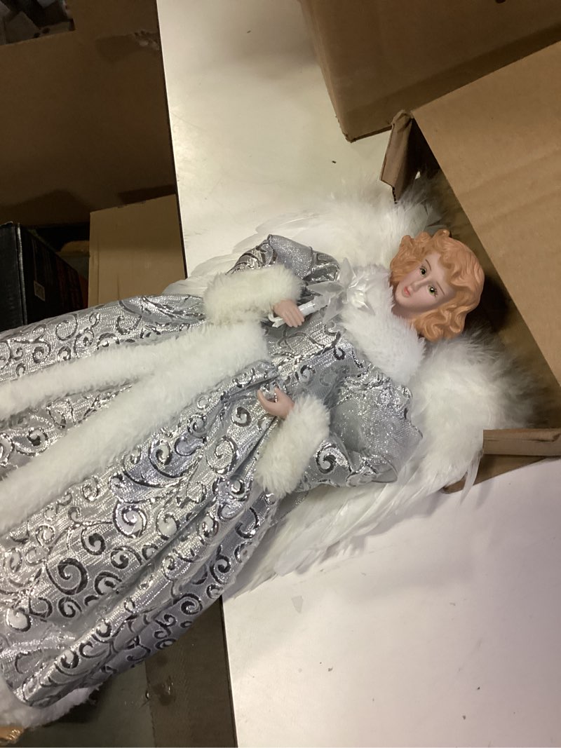Condition photo showing Good Condition for 12" Lighted Christmas Angel Tree Topper, White Feathered Wings Christmas Tree Angel Decoration, Plug in Christmas Tree Top Angel Decoration, Suitable for Home Parties and Holiday Decorations