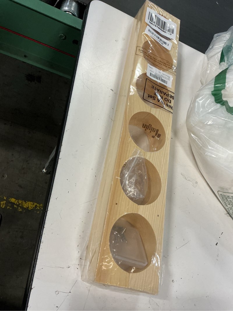 Condition photo showing Good Condition for taiyin 4 pcs hockey puck display case holder wall rack holder wall mount wood hockey puck holder with smooth grooves for room living room decoration, 21.75 x 1.5 x 1 inches