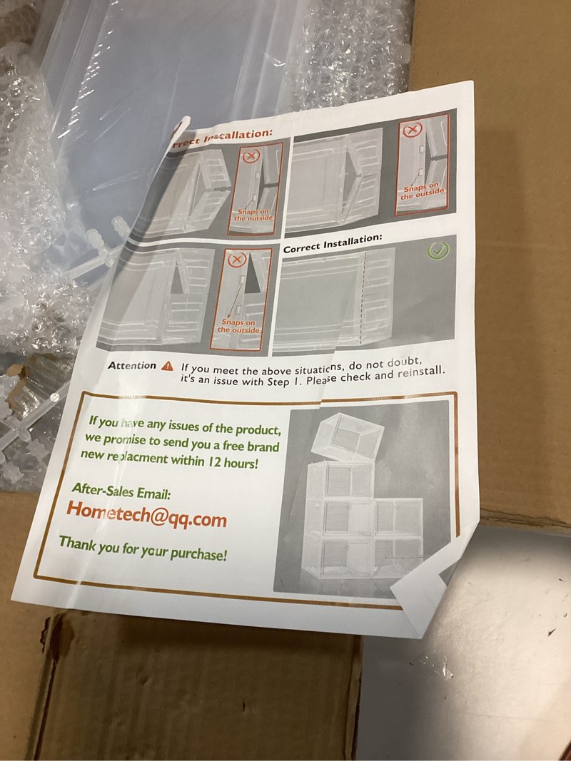 Condition photo showing Good Condition for (Similar)(unknown size) Attelite Shoe Box Organizer,Set of 6,Stackable Plastic Shoe Box with Clear Door, Shoe Storage Box Containers,For Display Sneakers,Easy Assembly,Fit up to US XL-6-pcs