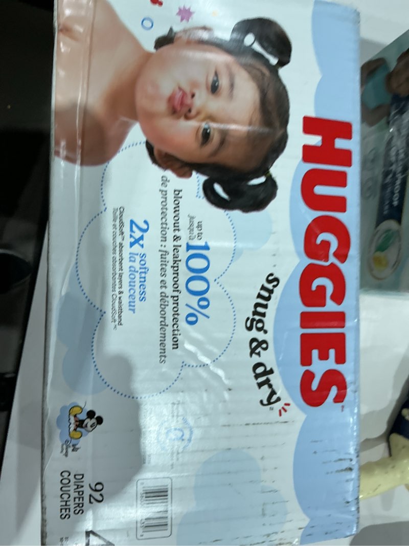 Condition photo showing As Is for huggies size 4 diapers, snug & dry baby diapers, size 4 (22-37 lbs), 92 count, packaging may vary