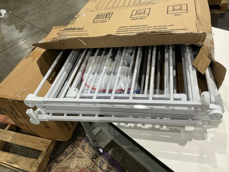 Condition photo showing As Is for extra wide baby gate tension indoor safety gates white metal large pressure mounted pet gate walk through long safety dog gate for the house doorways stairs (66.93"-71.65"/170-182cm, white) 66.93-71.65 inch (pack of 1) white