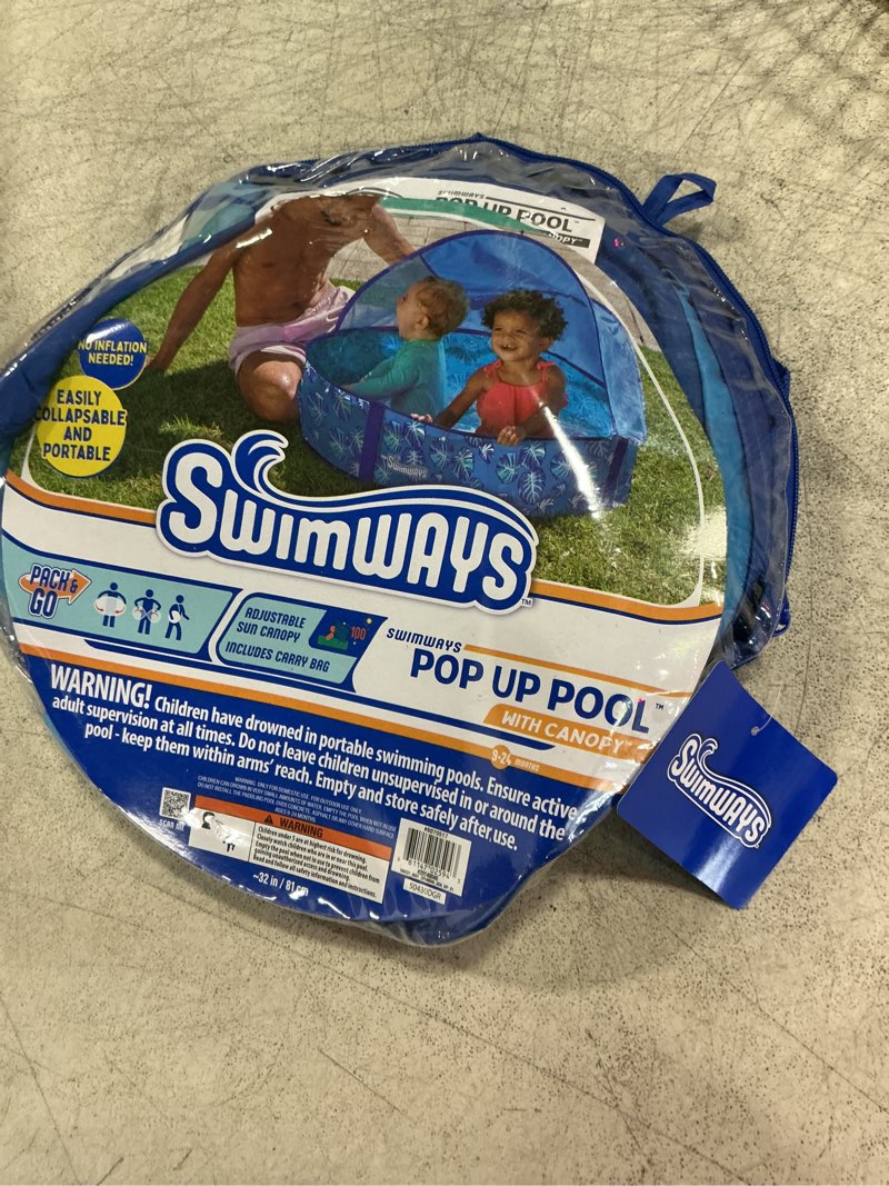 Condition photo showing Good Condition for swimways elite pop-up above ground pool, baby pool with canopy & carrying case, foldable kiddie pool for ages 9-24 months, measures 32", blue