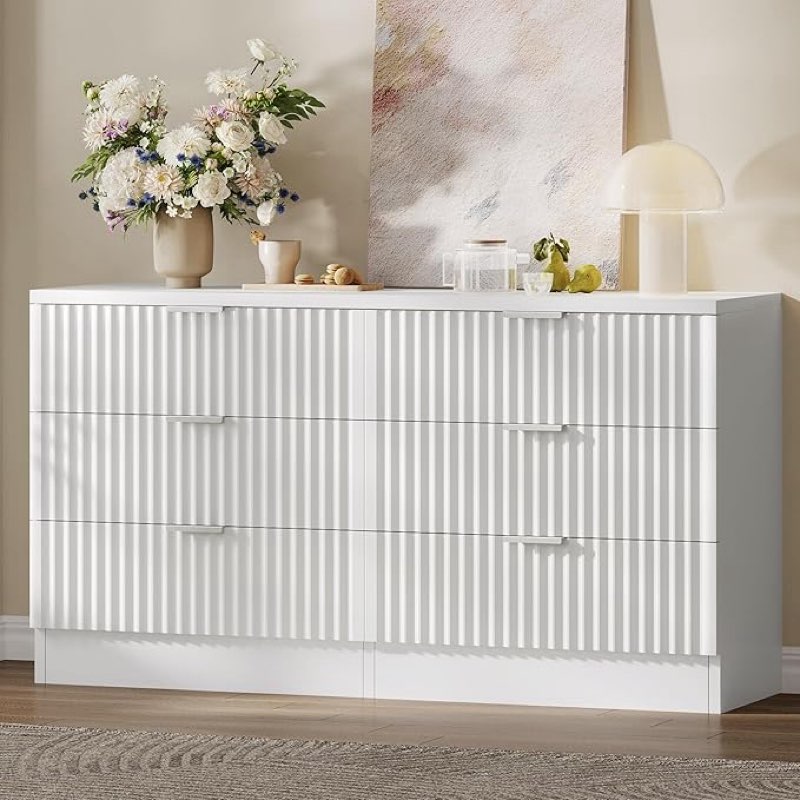  YITAHOME Fluted 6 Drawers Dresser, 47.5" Wide Modern Chest of Drawers, Curved Profile Design, Dresser TV Stand, Drawer Organizer Cabinet for Bedroom, Closet, Living Room, Hallway, White