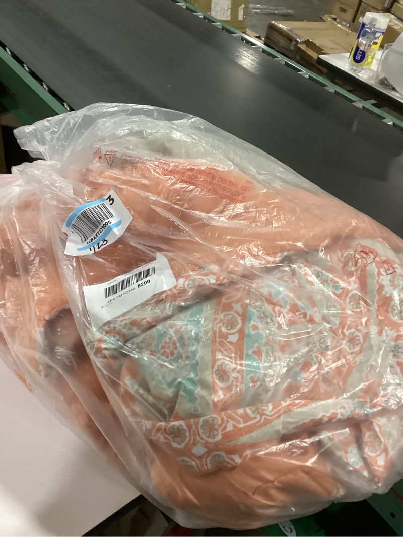 Condition photo showing As Is for Comfort Spaces Bed in A Bag - Trendy Casual Design Cozy Comforter with Complete Sheet Set with Side Pocket, All Season Cover, Matching Shams, King(104"x90"), Gloria, Damask Coral 9 Piece King Damask Coral