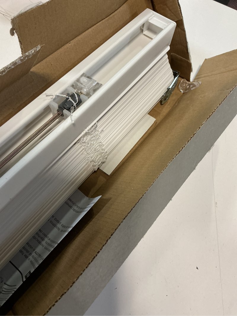 Condition photo showing As Is for mainstays 1" cordless room darkening vinyl blinds, white, 39" width x 64" length