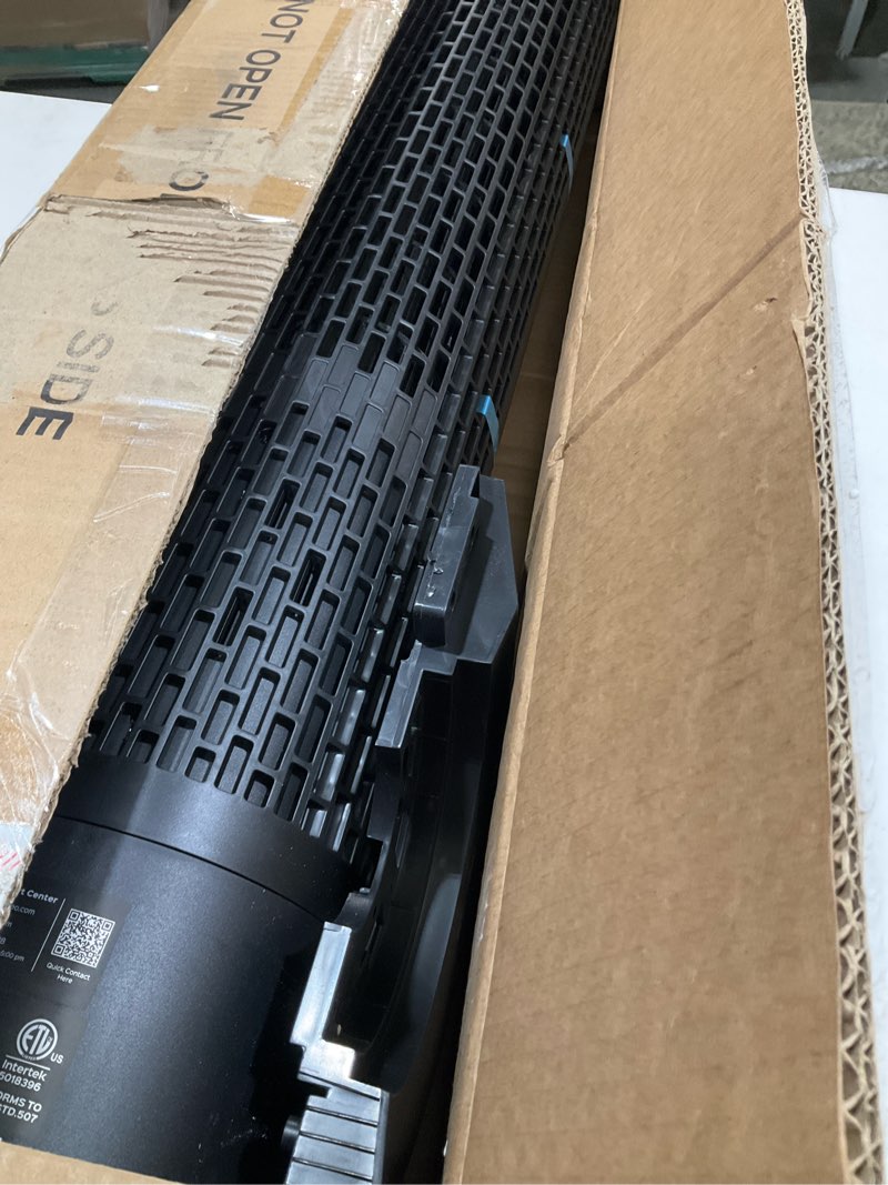 Condition photo showing As Is for dreo tower fan for bedroom, 90° oscillating fans that blow cold air, 5 speeds, 4 modes with 26ft/s velocity, 12h & 28db quiet timer, remote, touch, 40" standing floor fan for home office, black black standard