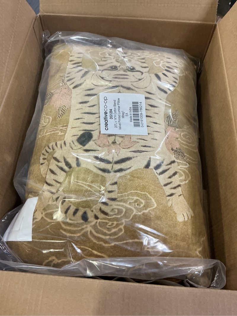 Condition photo showing Good Condition for creative co-op tibetan tiger print fringe cotton velvet lumbar pillow, multicolor finish
