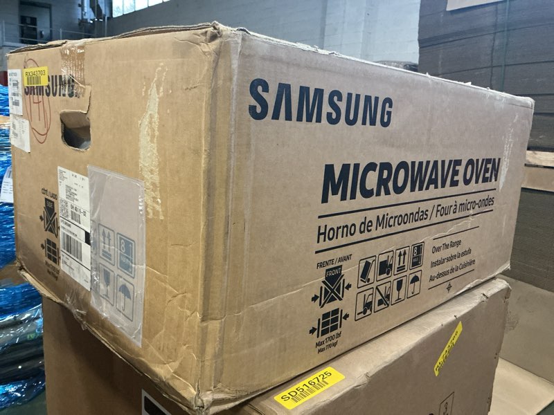 Condition photo showing item condition for SAMSUNG 1.1 Cu Ft Smart SLIM Over the Range Microwave Oven w/ 550 CFM Hood Vent, Wi-Fi, Voice Control, LED Light Bar, Sensor Cook, 1100 Watt, ME11A7710DS/AA, Fingerprint Resistant Stainless Steel