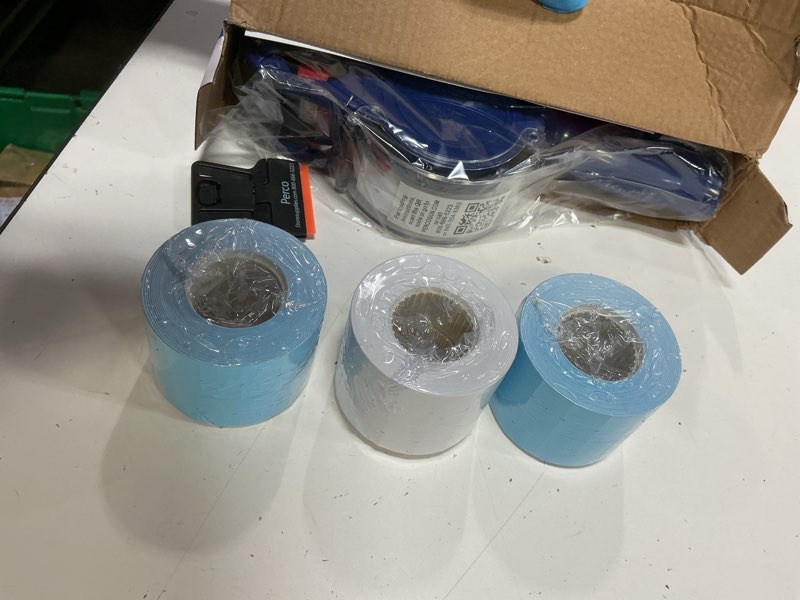 Condition photo showing Good Condition for perco lite 1 line price gun with labels kit - includes 3 white rolls, 3 blue rolls, 2 ink rollers - 1 ink roll and labels pre-loaded