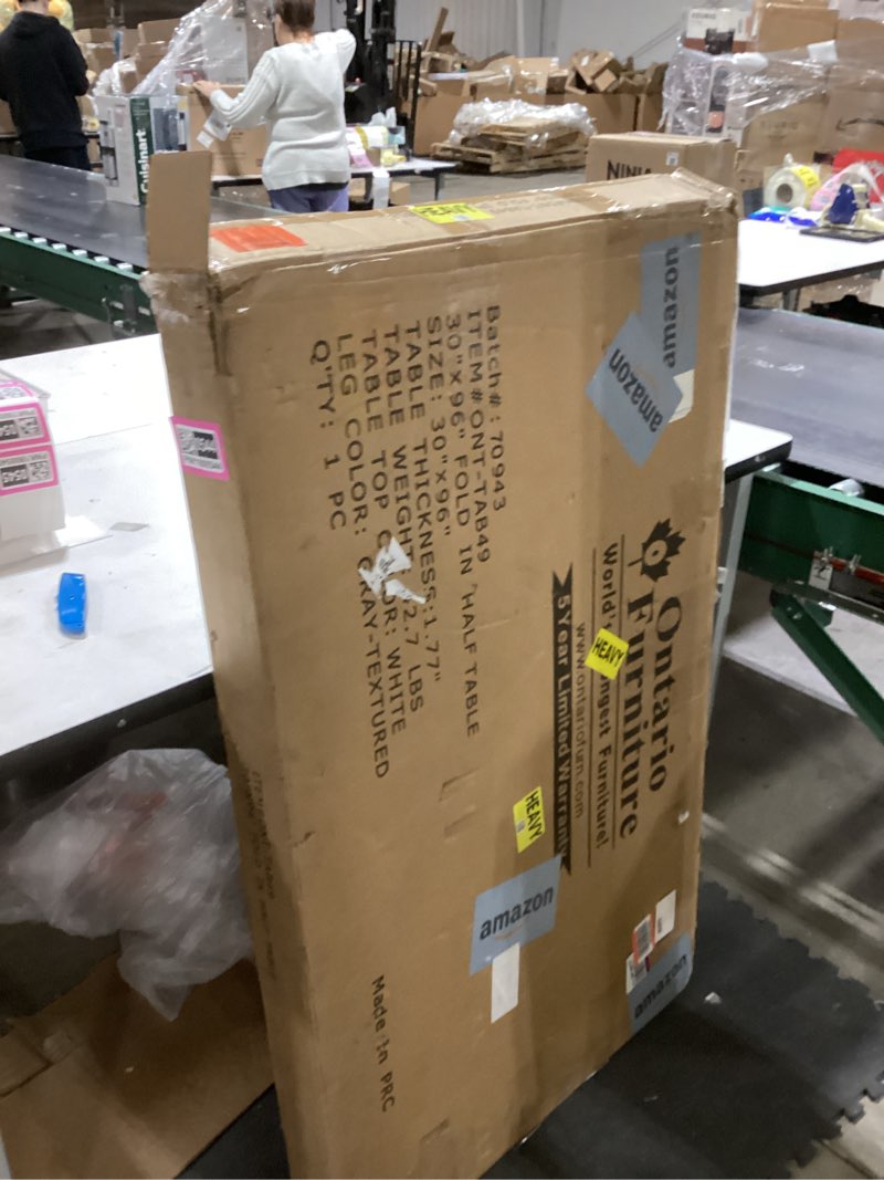 Condition photo showing As Is for 8’ Foot Rectangular Plastic Folding Table (30" x 96” Inch) | Fold in Half with Carrying Handle | Lightweight and Portable | White Resin with Sturdy Steel Frame 8 Foot