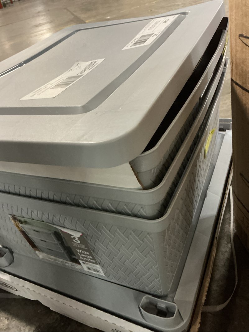 Condition photo showing As Is for sterilite wide 3 drawer tower, plastic storage organizer with removable decorative bins, easy to assemble - no tools needed, gray