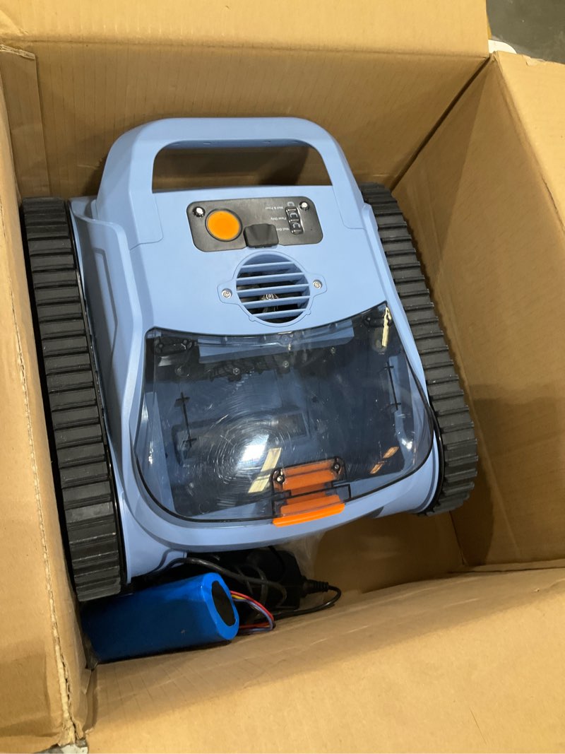 Condition photo showing As Is for robotic pool cleaner for inground pools, ootday cordless robotic pool vacuum, pool robot with smart navigation, floor/wall/waterline cleaning, 150 mins runtime, pools up to 2000 sq.ft modern